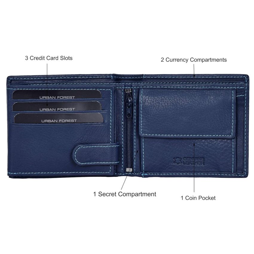 URBAN FOREST Oliver Blue Leather Wallet for Men - Packed in Premium Wooden Box for Festive Gifting