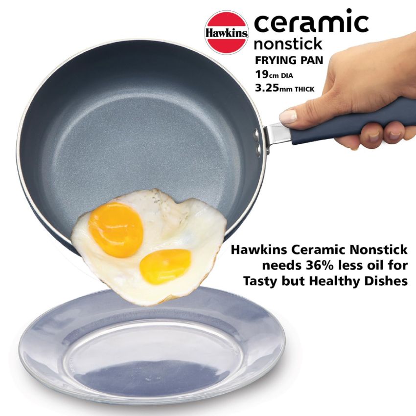 Hawkins Ceramic Nonstick Frying Pan, 19 cm Diameter, Induction Fry Pan with Glass Lid, Granite Omlette Egg Pan, Fish Pan (ICF19G)