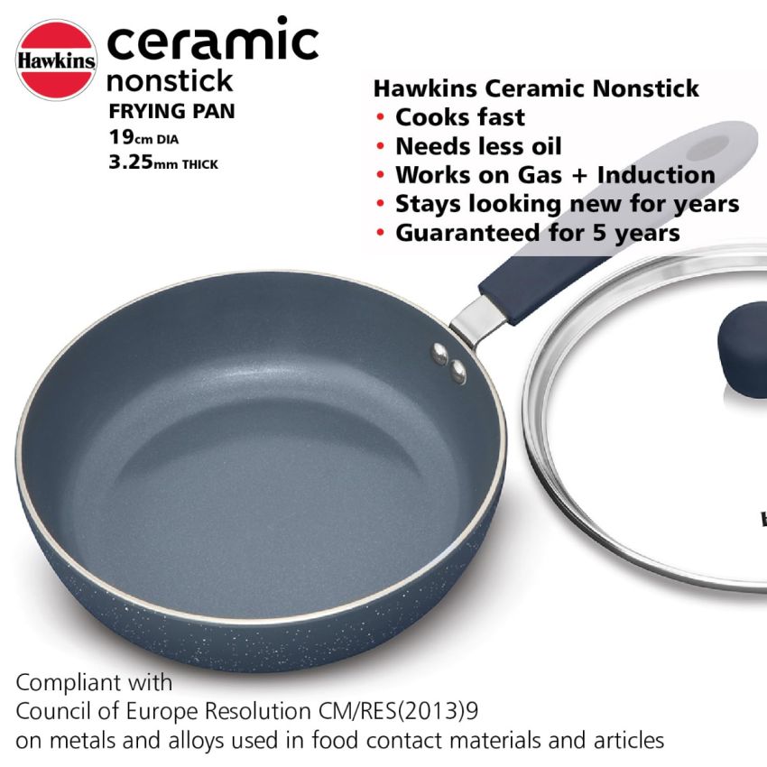 Hawkins Ceramic Nonstick Frying Pan, 19 cm Diameter, Induction Fry Pan with Glass Lid, Granite Omlette Egg Pan, Fish Pan (ICF19G)