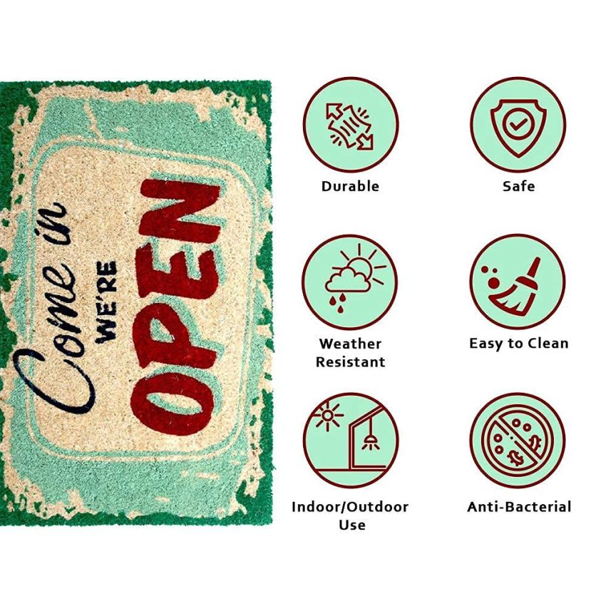 Onlymat Multipurpose Come in We're Open Funny Printed Anti-Slip Doormat (Multicolor) Rectangular Shaped Entryway Rug Natural Coir Material with PVC Backing for Outdoor Entrance Home (75 x 45cm)