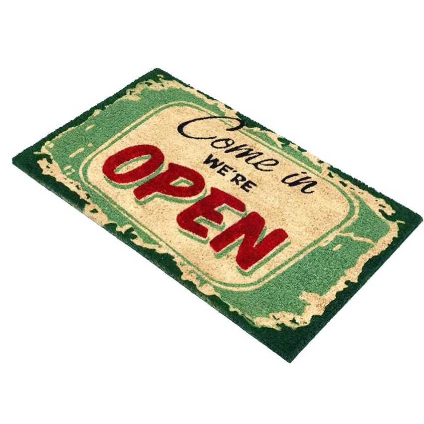 Onlymat Multipurpose Come in We're Open Funny Printed Anti-Slip Doormat (Multicolor) Rectangular Shaped Entryway Rug Natural Coir Material with PVC Backing for Outdoor Entrance Home (75 x 45cm)