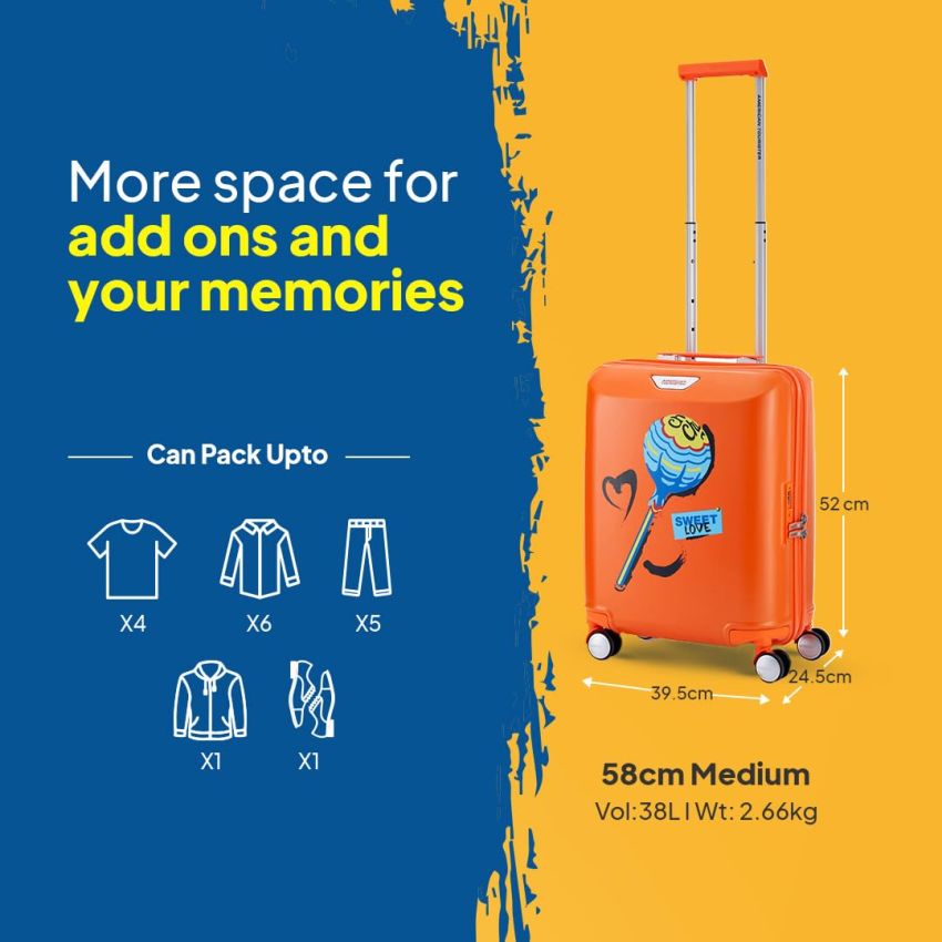 American Tourister Chupa Chups Small Hardside Polycarbonate Cabin Suitcase with Recessed TSA Lock & Double Wheels for Women & Men - Orange Cola