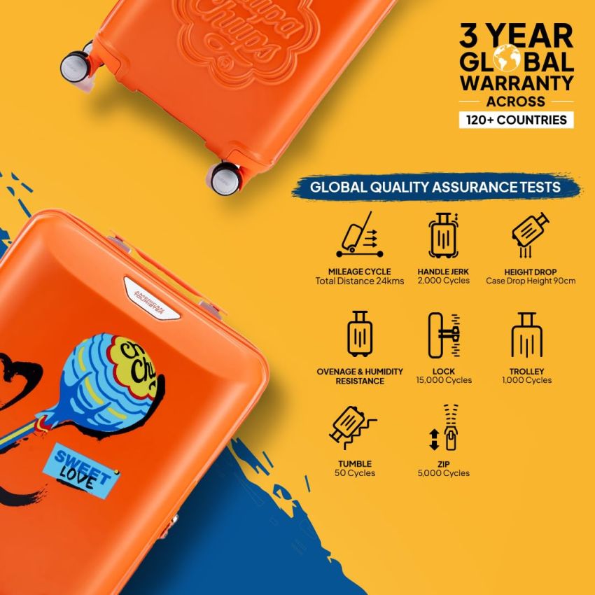 American Tourister Chupa Chups Small Hardside Polycarbonate Cabin Suitcase with Recessed TSA Lock & Double Wheels for Women & Men - Orange Cola