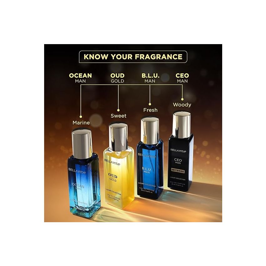 Bella Vita Luxury Collection Eau De Parfum Gift Set 4 x 20ml for Men with OUD GOLD, OCEAN, B.L.U & CEO Man Perfume|Long Lasting EDP Fragrance Scent