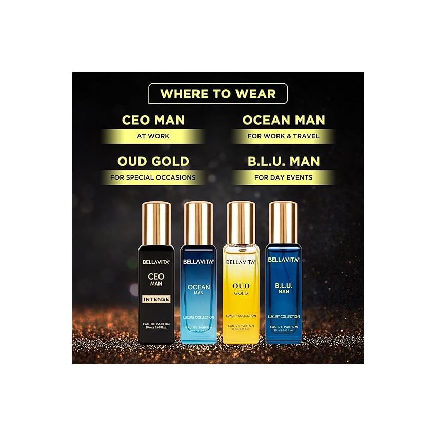 Bella Vita Luxury Collection Eau De Parfum Gift Set 4 x 20ml for Men with OUD GOLD, OCEAN, B.L.U & CEO Man Perfume|Long Lasting EDP Fragrance Scent