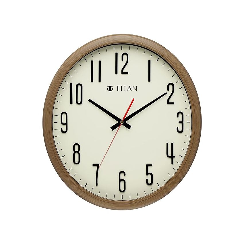 Titan Brown Wooden Texture Oval Clock with White Dial and Silent Sweep - Analog, 37 Cm