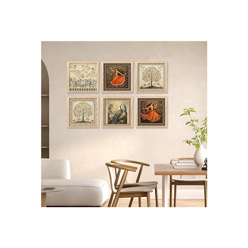 kotart Premium Digital Madhubani Art Paintings with Frame for Home Decor - Traditional Indian Painting for Wall Decoration Set of 6 (13x13 inch, Painting 5)