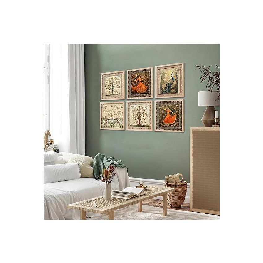 kotart Premium Digital Madhubani Art Paintings with Frame for Home Decor - Traditional Indian Painting for Wall Decoration Set of 6 (13x13 inch, Painting 5)