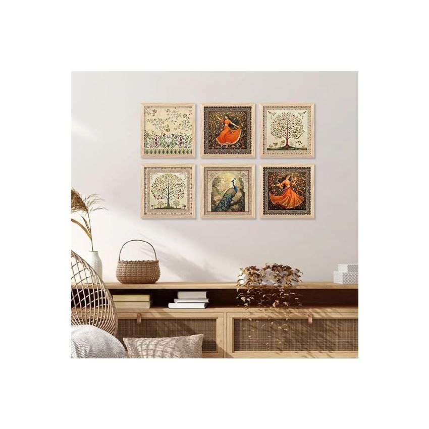 kotart Premium Digital Madhubani Art Paintings with Frame for Home Decor - Traditional Indian Painting for Wall Decoration Set of 6 (13x13 inch, Painting 5)