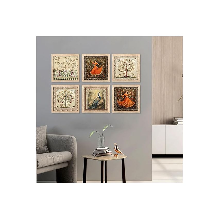 kotart Premium Digital Madhubani Art Paintings with Frame for Home Decor - Traditional Indian Painting for Wall Decoration Set of 6 (13x13 inch, Painting 5)