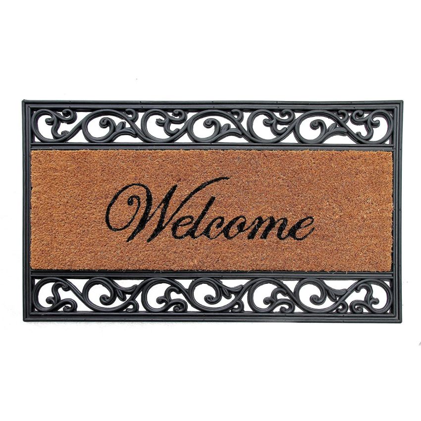 Onlymat Welcome Printed Natural Coir Rubber Paisley Decorative Designed Border Long-Lasting, Heavy Duty, Large & Thick Entryway Doormat (Brown& Black, 75cm x 45cm)