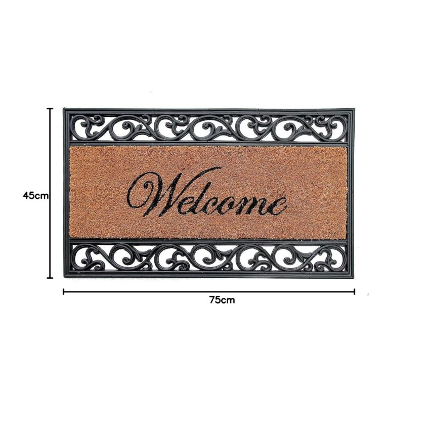 Onlymat Welcome Printed Natural Coir Rubber Paisley Decorative Designed Border Long-Lasting, Heavy Duty, Large & Thick Entryway Doormat (Brown& Black, 75cm x 45cm)