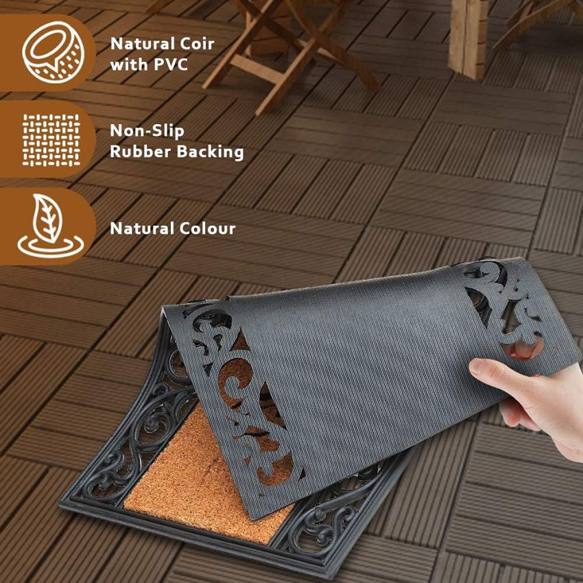 Onlymat Welcome Printed Natural Coir Rubber Paisley Decorative Designed Border Long-Lasting, Heavy Duty, Large & Thick Entryway Doormat (Brown& Black, 75cm x 45cm)