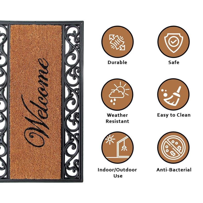 Onlymat Welcome Printed Natural Coir Rubber Paisley Decorative Designed Border Long-Lasting, Heavy Duty, Large & Thick Entryway Doormat (Brown& Black, 75cm x 45cm)