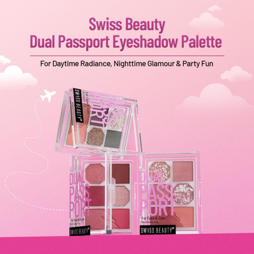 Swiss Beauty Face and Eye Dual Passport Palette | Eyeshadow + Blusher Palette | Combination of Mattes and Shimmers | Compact and Travel Friendly makeup kit | Shade- Party Ready, 4.5g