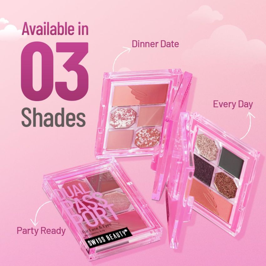 Swiss Beauty Face and Eye Dual Passport Palette | Eyeshadow + Blusher Palette | Combination of Mattes and Shimmers | Compact and Travel Friendly makeup kit | Shade- Party Ready, 4.5g