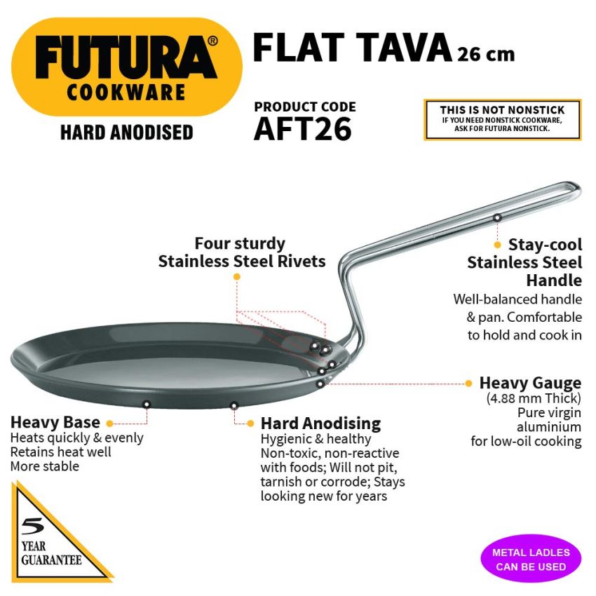 Hawkins Futura Hard Anodised Flat Tava 26 cm, 4.88 mm (Black)