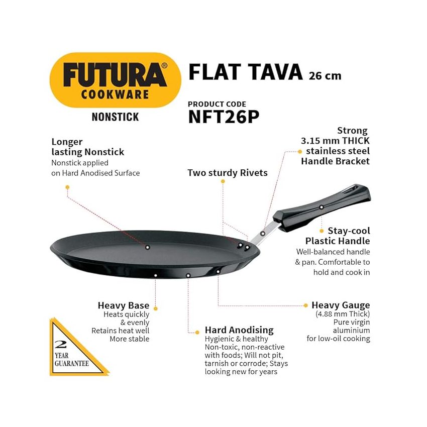 Hawkins Futura 26 cm Flat Tava, Non Stick Tawa with Plastic Handle, Tawa with Rim, Pancake Pan, Flat Pan, Black (NFT26P)