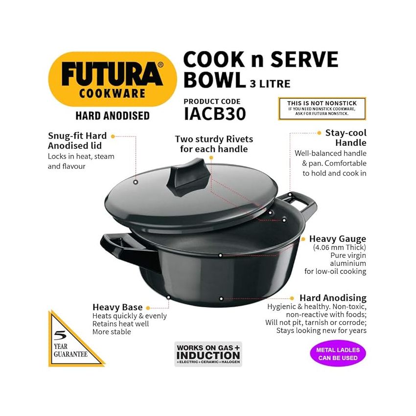 Hawkins Futura 3 Litre Cook n Serve Bowl, Hard Anodised Saucepan with Hard Anodised Lid, Induction Pan, Sauce Pan for Cooking and Serving, Black (IACB30) (Aluminium)