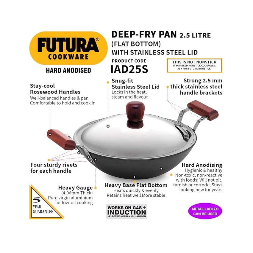 Hawkins Futura 2.5 Litre Deep Fry Pan, Hard Anodised Kadai with Stainless Steel Lid, Flat Bottom Induction Kadhai, Black (IAD25S)