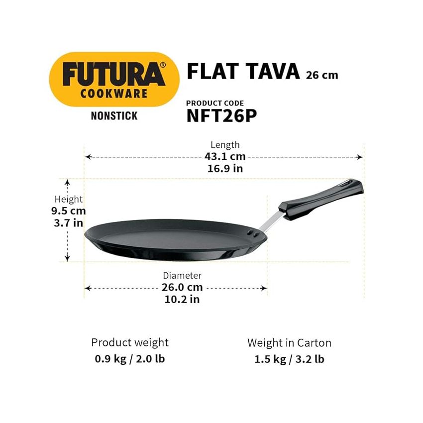 Hawkins Futura 26 cm Flat Tava, Non Stick Tawa with Plastic Handle, Tawa with Rim, Pancake Pan, Flat Pan, Black (NFT26P)