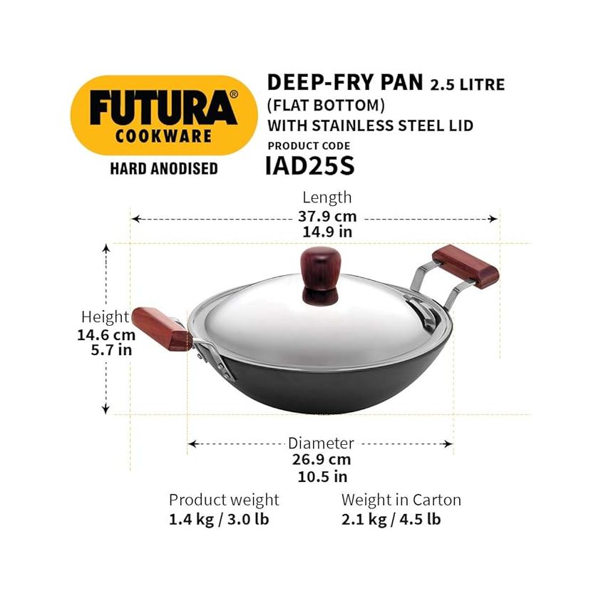 Hawkins Futura 2.5 Litre Deep Fry Pan, Hard Anodised Kadai with Stainless Steel Lid, Flat Bottom Induction Kadhai, Black (IAD25S)