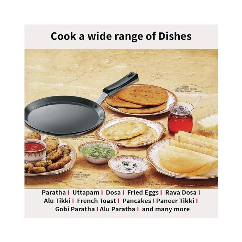 Hawkins Futura 26 cm Flat Tava, Non Stick Tawa with Plastic Handle, Tawa with Rim, Pancake Pan, Flat Pan, Black (NFT26P)