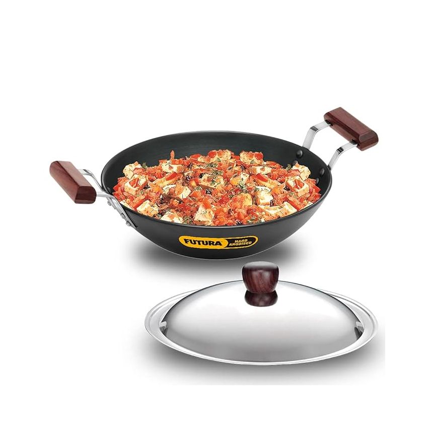 Hawkins Futura 3.5 Litre Deep Kadhai, Non Stick Kadai with Stainless Steel Lid, Flat Bottom Induction Kadhai, Black (INK35S)