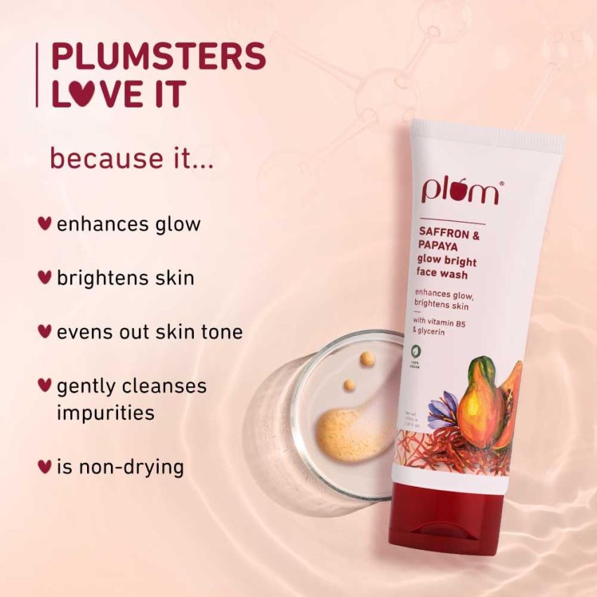 Plum Saffron & Papaya Glow & Brightening Face Wash with Vitamin B5 | Boosts Glow & Brightens Skin | Non-Drying | All Skin Types | Bright Gel Face Wash for Women & Men | for All Skin Types | 100ml