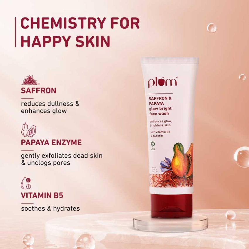Plum Saffron & Papaya Glow & Brightening Face Wash with Vitamin B5 | Boosts Glow & Brightens Skin | Non-Drying | All Skin Types | Bright Gel Face Wash for Women & Men | for All Skin Types | 100ml