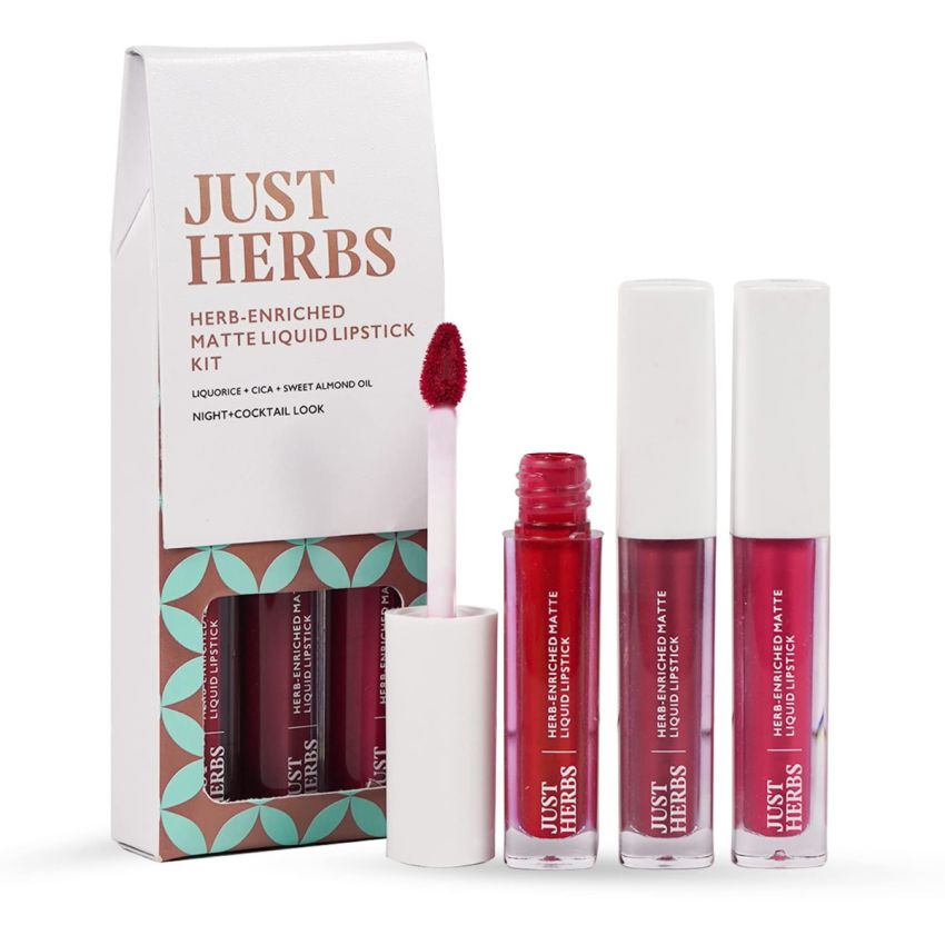Just Herbs Ayurvedic Liquid Lipstick Kit Set of 3 with Long Lasting, Hydrating & Lightweight Lip Colour, Full Size - Paraben & Silicon Free - 6 ml (Night + Cocktail Look)