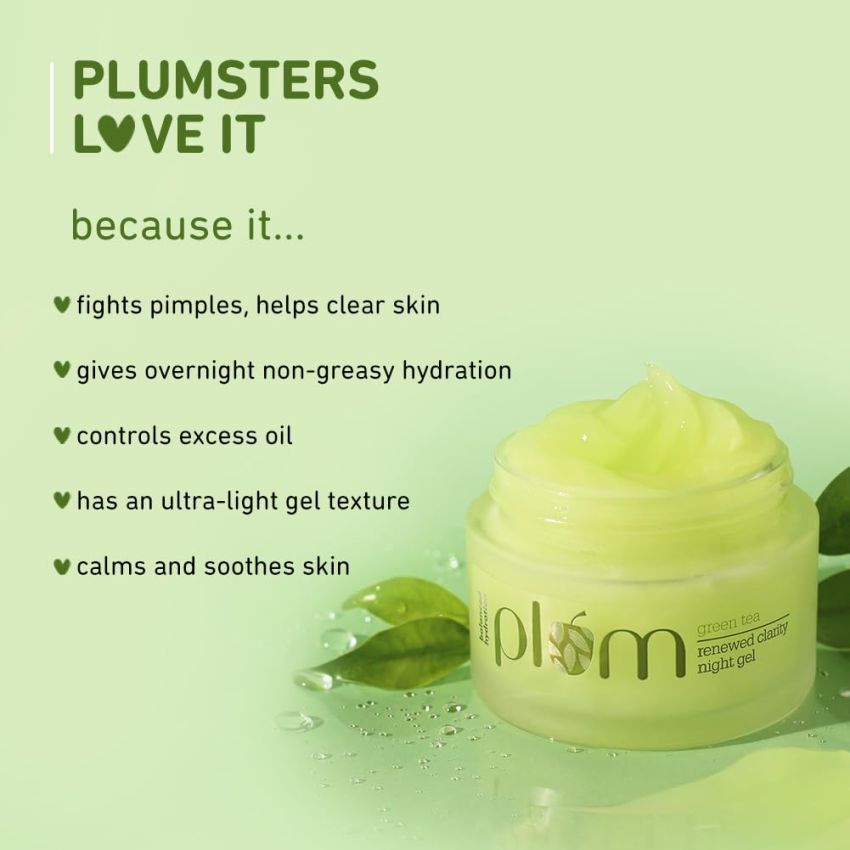 Plum Green Tea Renewed Clarity Night Gel | Normal, Oily, Acne-Prone, Combination Skin | Night Cream For Women | Overnight Repair | 100% Vegan | Paraben Free | 50ml