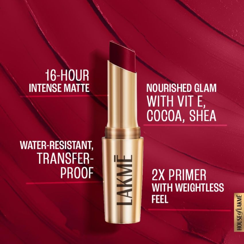 Lakme 9 To 5 Primer + Matte Lipstick, Matte Finish, Lightweight Lipstick, Lasts For 16Hrs, Nourishes Lips & Great For Daily Use, Burgundy Passion, 3.6g
