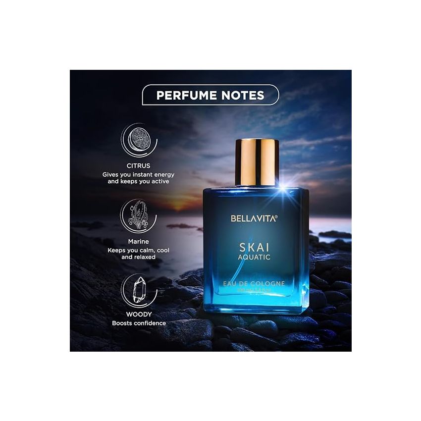 Bella Vita Luxury Skai Aquatic Unisex Eau De Cologne Liquid With Bergamot, Lavender & Patchouli|Premium, Long Lasting Woody Fragrance For Men & Women, 100 Ml