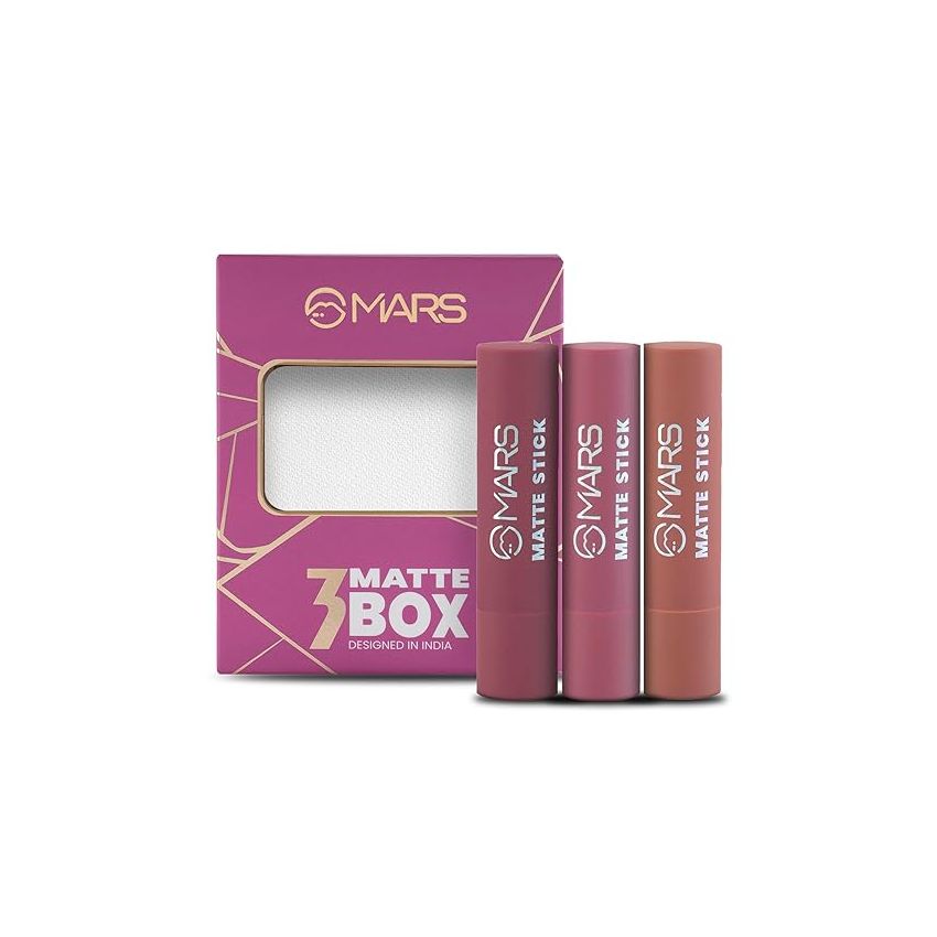 MARS Matte Box Set of 3 Lipsticks for Women | Long-Lasting | Smooth Finish | Moisturising | One Swipe Pigmentation | (3x3.2 gm) (02-Peaches & Nudes)