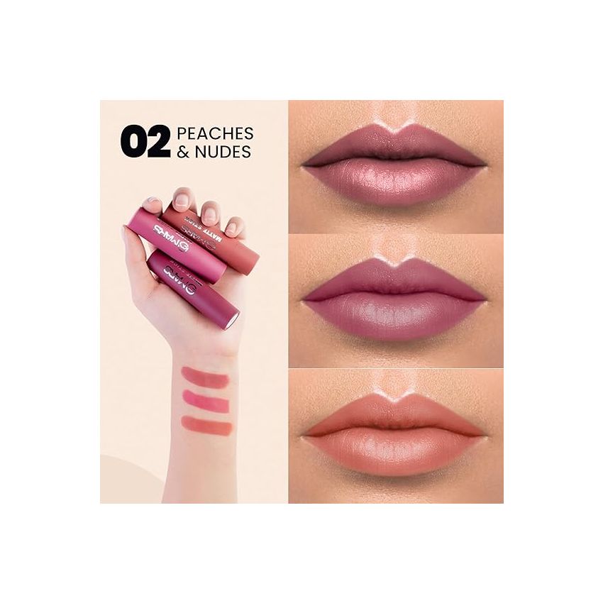 MARS Matte Box Set of 3 Lipsticks for Women | Long-Lasting | Smooth Finish | Moisturising | One Swipe Pigmentation | (3x3.2 gm) (02-Peaches & Nudes)
