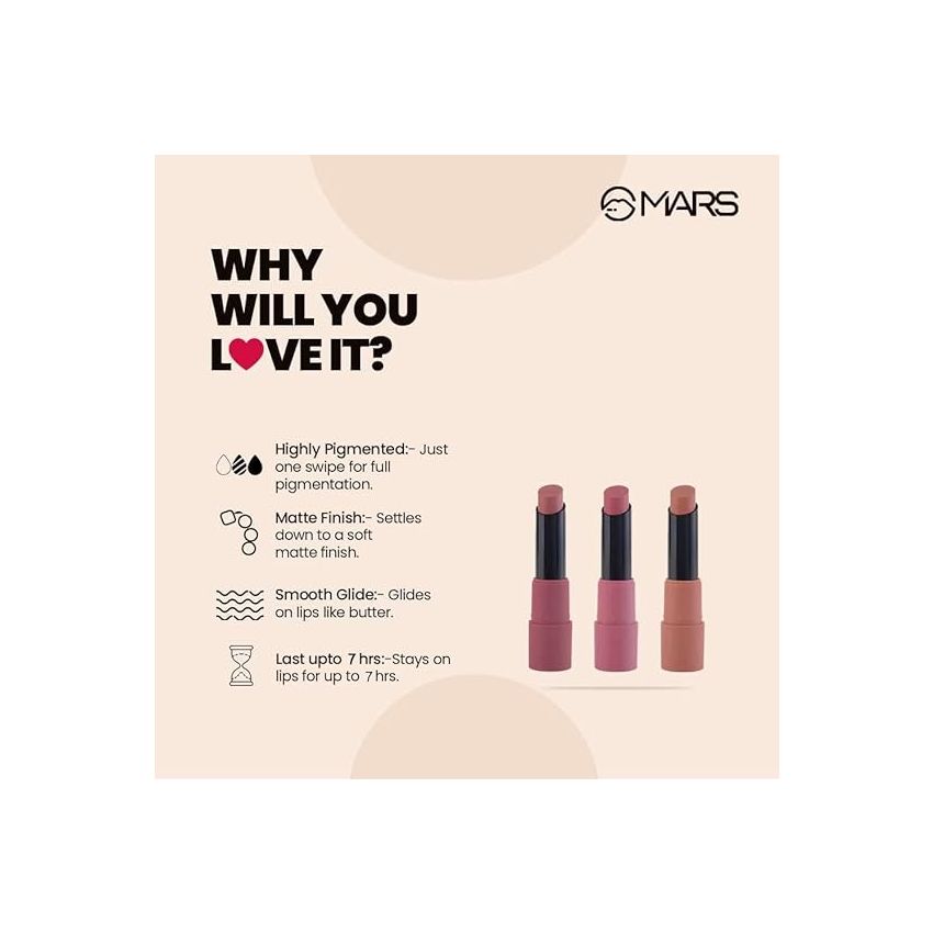 MARS Matte Box Set of 3 Lipsticks for Women | Long-Lasting | Smooth Finish | Moisturising | One Swipe Pigmentation | (3x3.2 gm) (02-Peaches & Nudes)