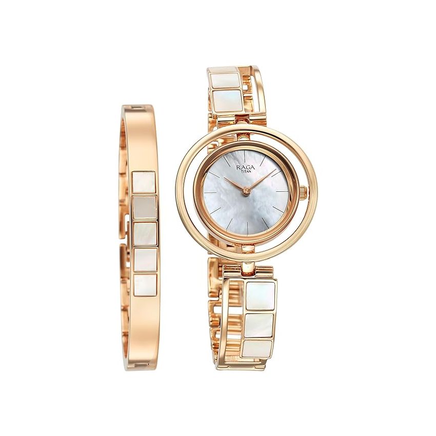 Titan Raga Power Pearls Quartz Analog Mother of Pearl Dial Metal Strap Watch for Women-NS95232WM01F/NT95232WM01F