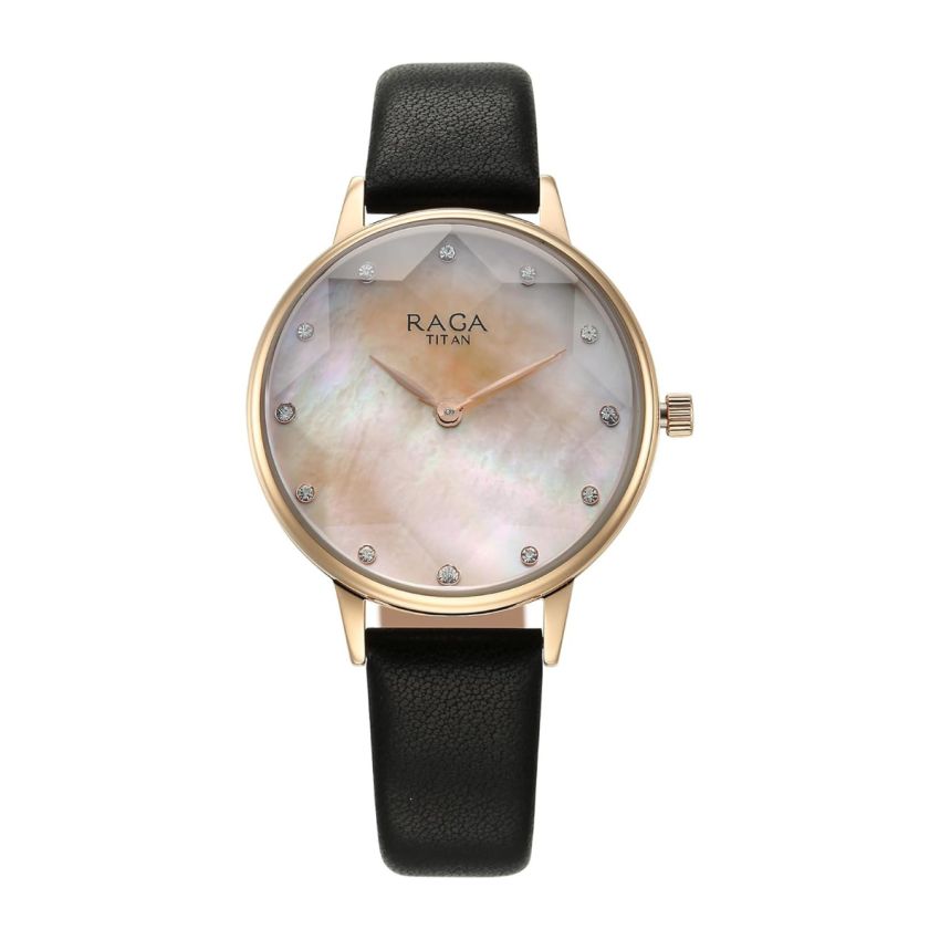 Titan Raga Showstopper Quartz Analog Mother of Pearl Dial Leather Strap Watch for Women-95274WL02/NT95274WL02