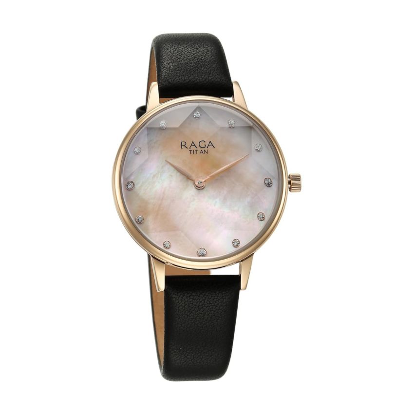 Titan Raga Showstopper Quartz Analog Mother of Pearl Dial Leather Strap Watch for Women-95274WL02/NT95274WL02