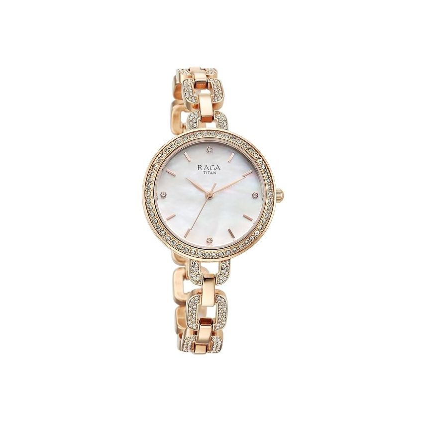 Titan Raga Showstopper Quartz Analog Mother of Pearl Dial Metal Strap Watch for Women-NS95272WM01/NT95272WM01