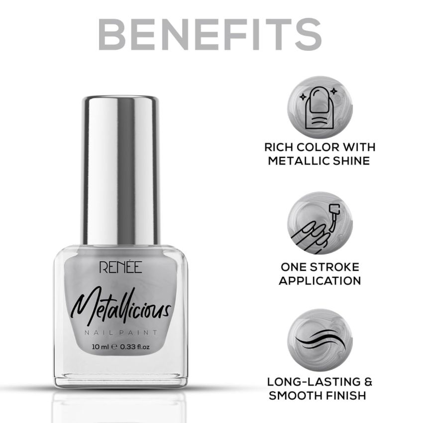 RENEE Metallicious Nail Paint- Pebble Grey 10ml | Quick Drying, Metallic Finish, Long Lasting, Chip resisting Formula with High Shine & Full Coverage | Acetone & Paraben Free