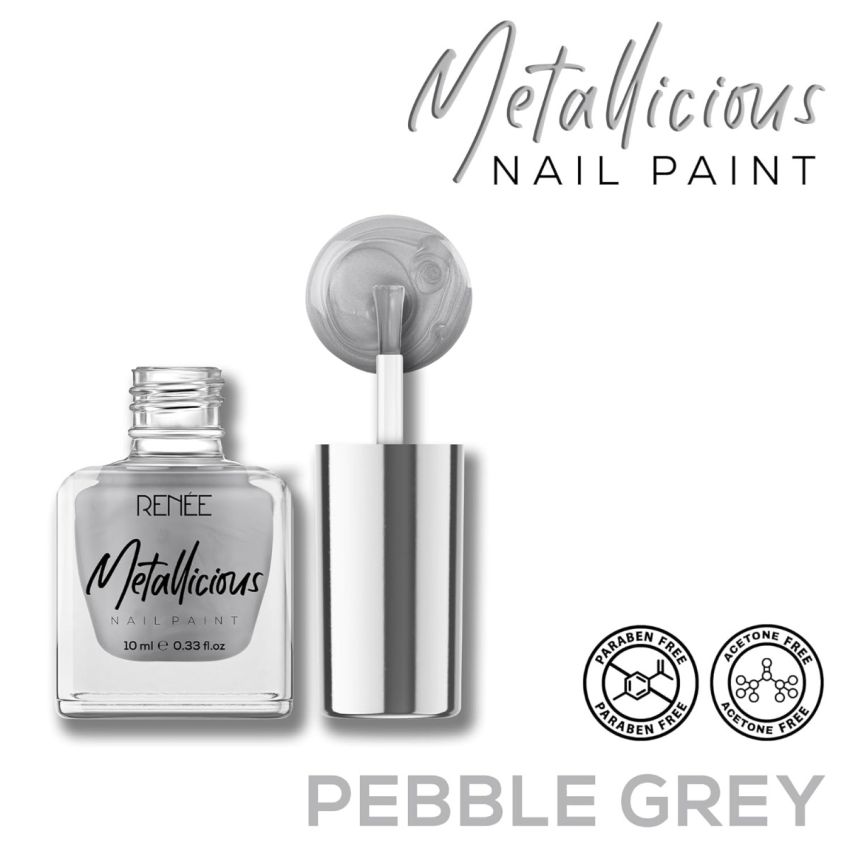 RENEE Metallicious Nail Paint- Pebble Grey 10ml | Quick Drying, Metallic Finish, Long Lasting, Chip resisting Formula with High Shine & Full Coverage | Acetone & Paraben Free