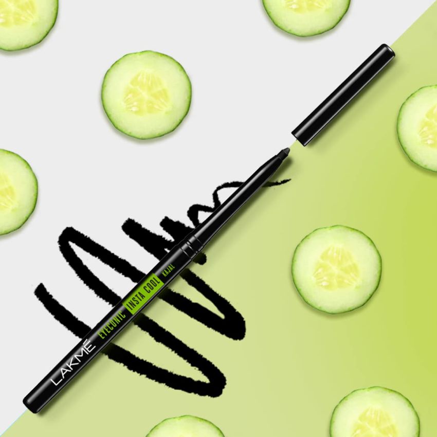 LAKMÉ Eyeconic Insta Cool Kajal, Black, Cooling Kohl Liner With Cucumber, Twist Up Pencil - Waterproof, Smudge Proof & Long Lasting Eye Makeup, Glossy, 0.35 G