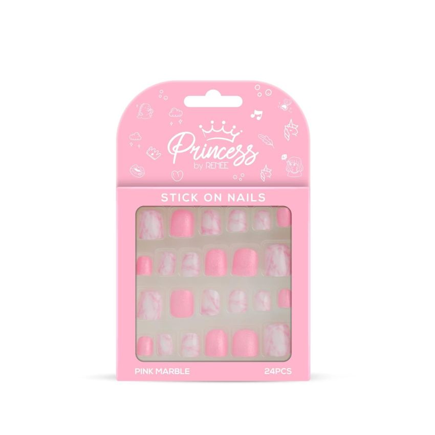 Princess by RENEE Stick on Nails Pink Marble | 24 Reusable Artificial Nail Set | Lightweight, Long Lasting, Easy to Use | Quick Fix for Special Occasions