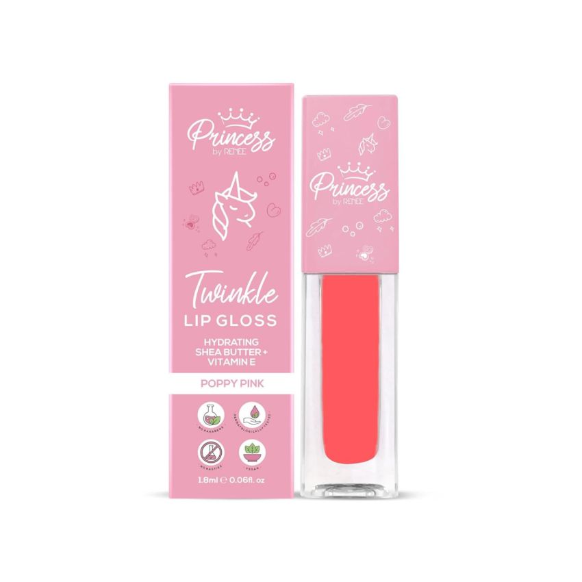 RENEE Princess Twinkle Lip Gloss Poppy Pink 1.8ml for Pre-teen Girls | Enriched With Jojoba Oil & Shea Butter | Lightweight, Glossy, Non Sticky Formula