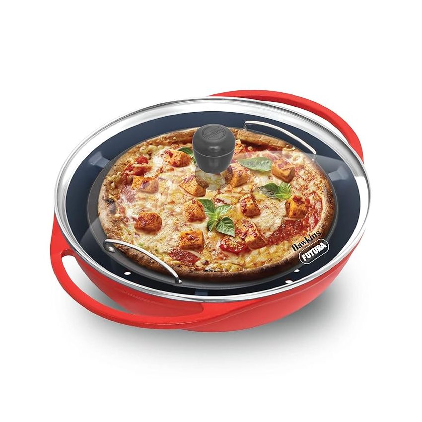 Hawkins Diecast 30 cm Nonstick Pizza Maker and Cake Baker with Glass Lid, Gas Oven, Pizza Oven Toaster Griller Tandoor Barbecue, Cake Baking Pan, Red (PIZZA)