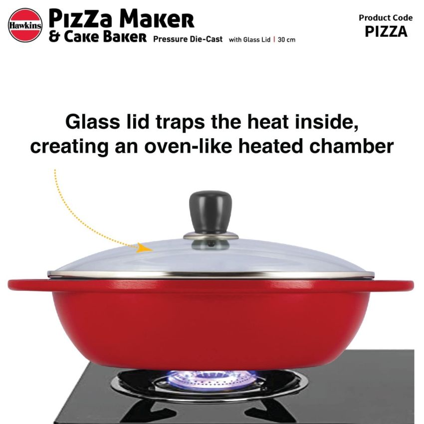 Hawkins Diecast 30 cm Nonstick Pizza Maker and Cake Baker with Glass Lid, Gas Oven, Pizza Oven Toaster Griller Tandoor Barbecue, Cake Baking Pan, Red (PIZZA)