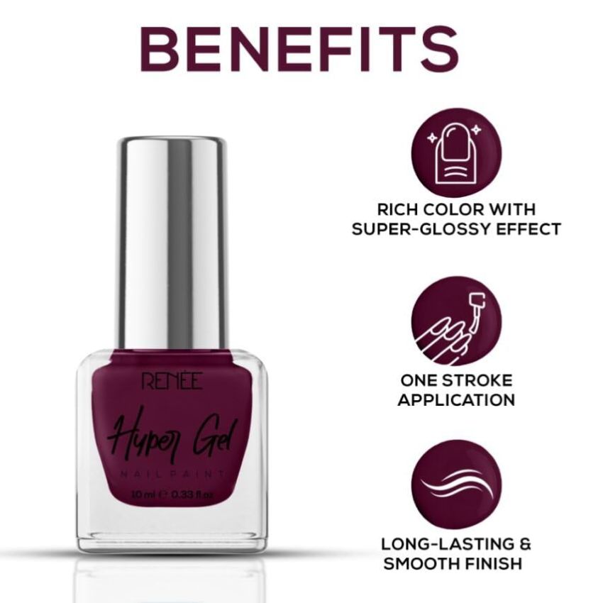 RENEE Hyper Gel Nail Paint- French Plum 10ml | Quick Drying, Glossy Finish, Long Lasting, Chip resisting Formula with High Shine Polish | Acetone & Paraben Free