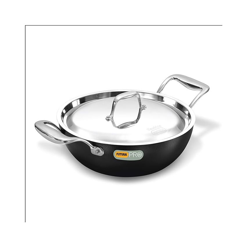 Hawkins Futura Pro 2.5 Litre Deep-Fry Pan, Nonstick Kadhai with Stainless Steel Handles and Stainless Steel Lid, Balck (PNK25S)